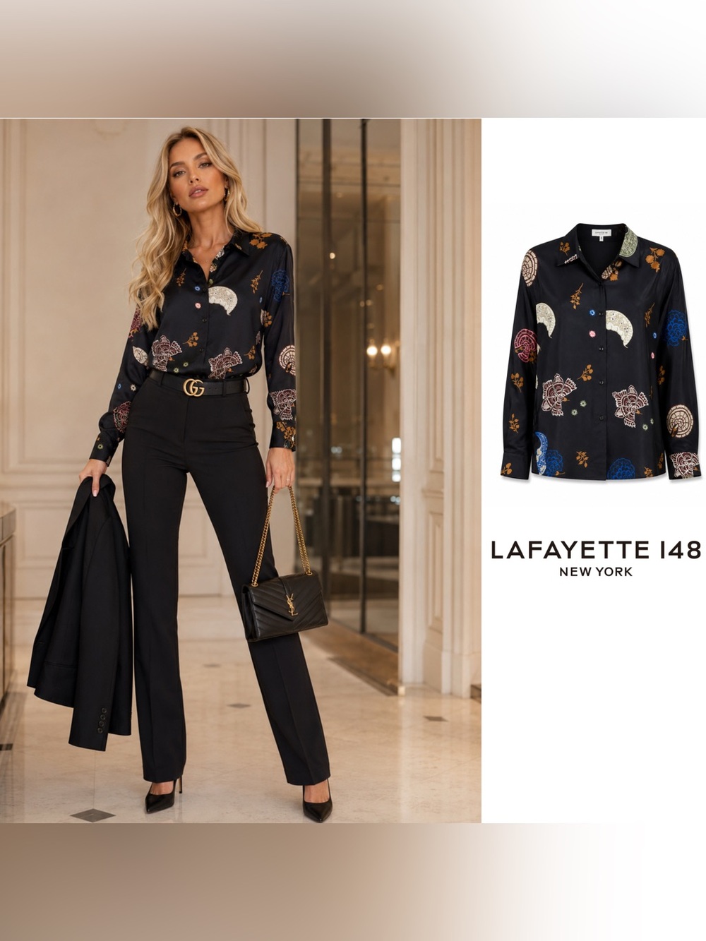 NEW Lafayette 148 New York Bohemia Bloom Floral-Print Silk Blouse
